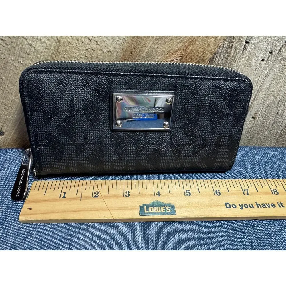 Black Michael Kors Jet Set Travel Continental Zip-Around Wallet Monogram Logo - Picture 3 of 8